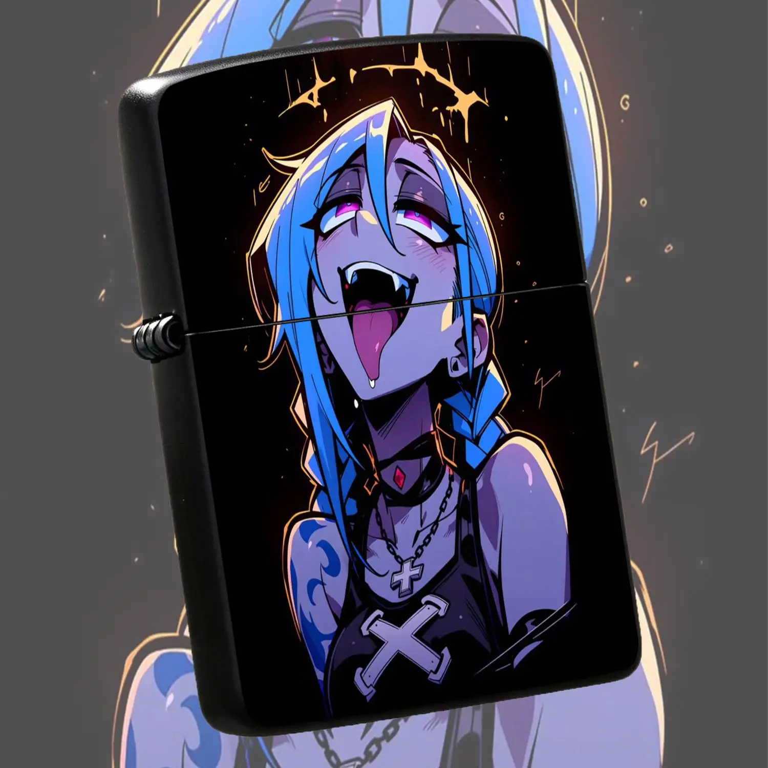Stylish Anime Crazy Girl Printed Lighter, Cool Blue-Haired Playful Expression Portable Ignition Device, Ideal For Daily Carrying, Outdoor Camping, Lighting Candles, Creating Cozy Vibe, Creative Trendy Practical Gift For Friends And Anime En