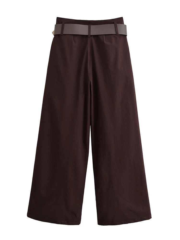Damskie spodnie w stylu retro, szerokie nogawki, brązowe, regularny krój, z paskiem, wysoki stan, kieszenie, luźne, casualowe, wyszczuplające, długie spodnie w stylu high street.