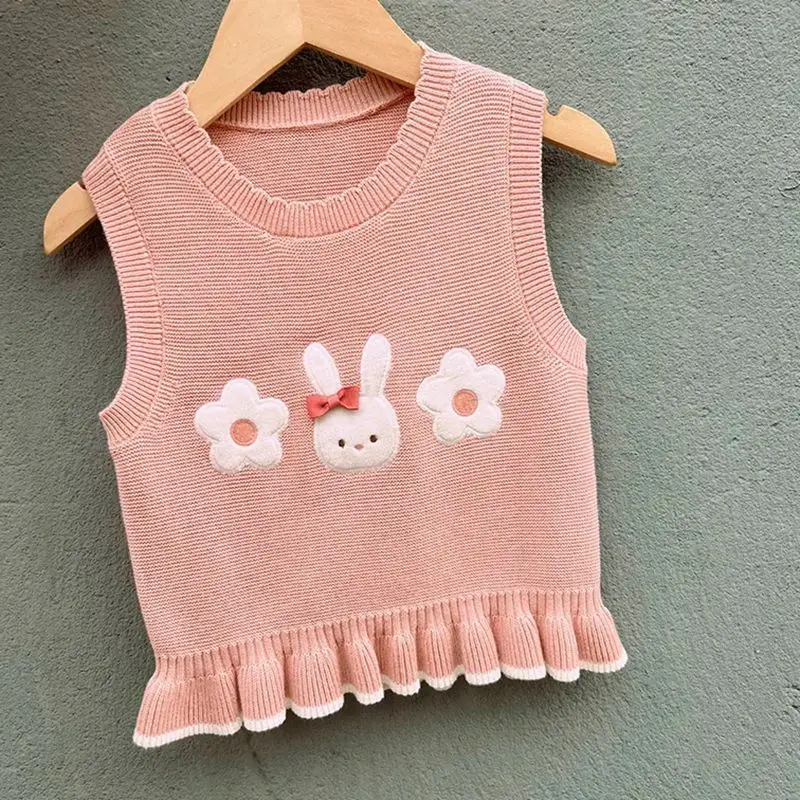 Toddler Baby Girl\'s O-Neck 100% Cotton Knitted Pullover Sweater Vest Kids Cute Rabbit Sleeveless Vest Coat fits 1-5Years