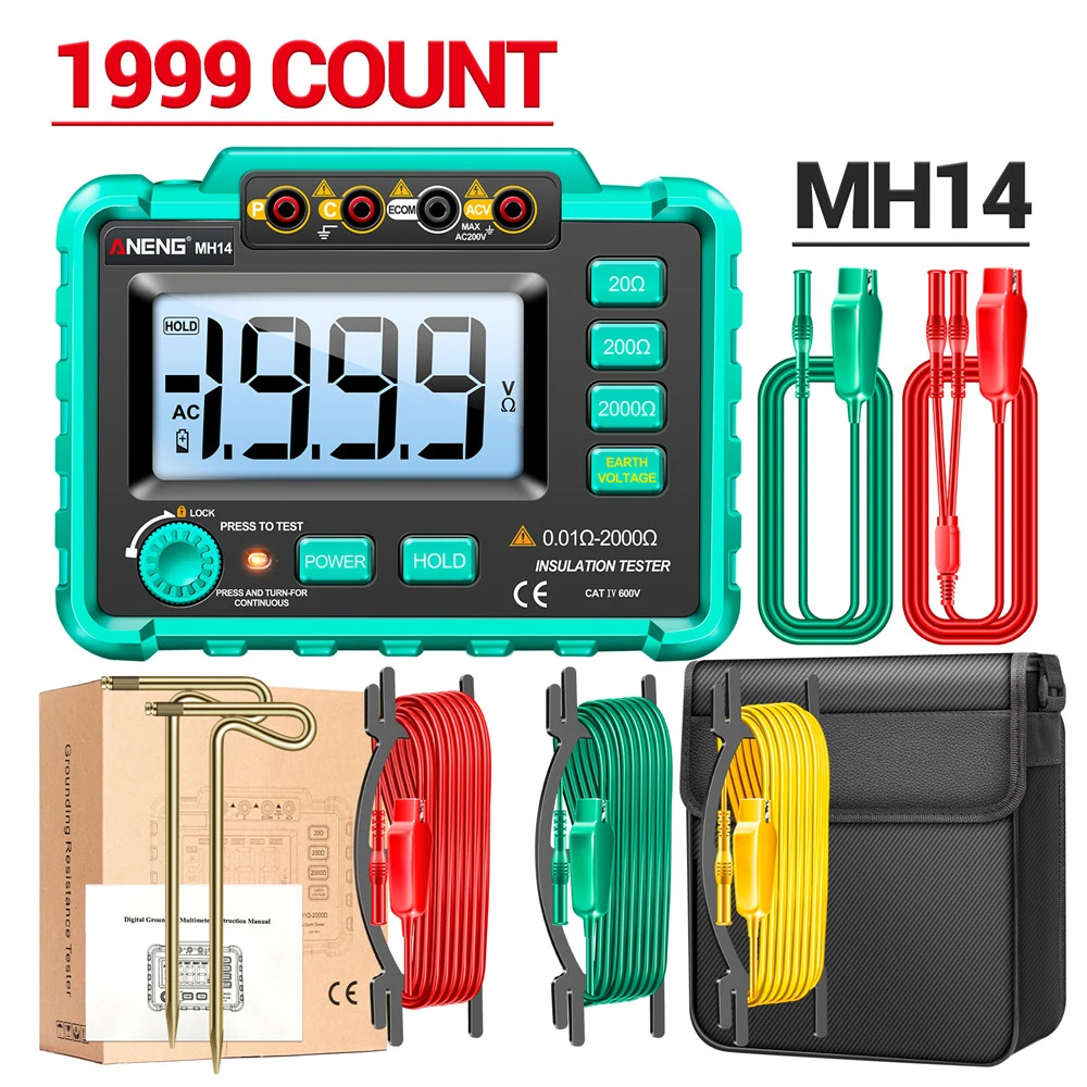 ANENG MH14 Digital Insulation Resistance Tester 1999 Counts Auto Ranges Megohmmeter 0-2000Ohm Voltmeter Ohm Detector Tools