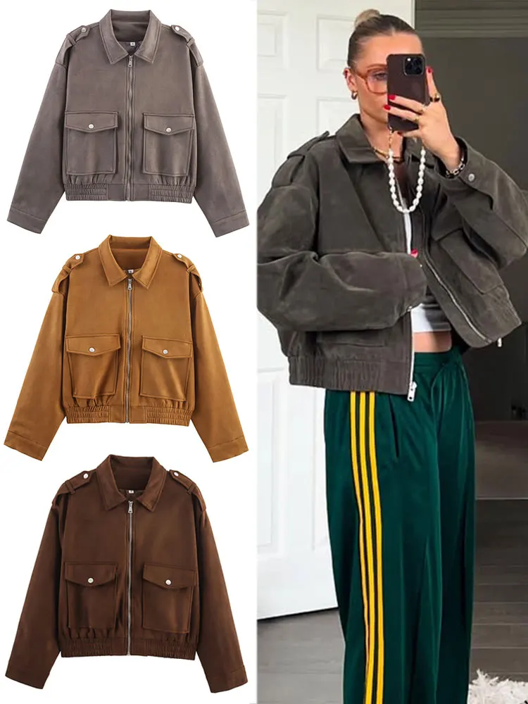 

HH осень-зима женское замшевое пальто винтажное однотонное пальто с лацканами и длинными рукавами на молнии куртки с карманами уличная верхняя одежда