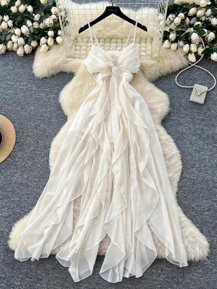 Women Elegant Chiffon Long Dress Twisted High Waist Irregular Lotus Leaf Beach Dresses Ladies Sexy V-neck Boho Long Robe Vestido