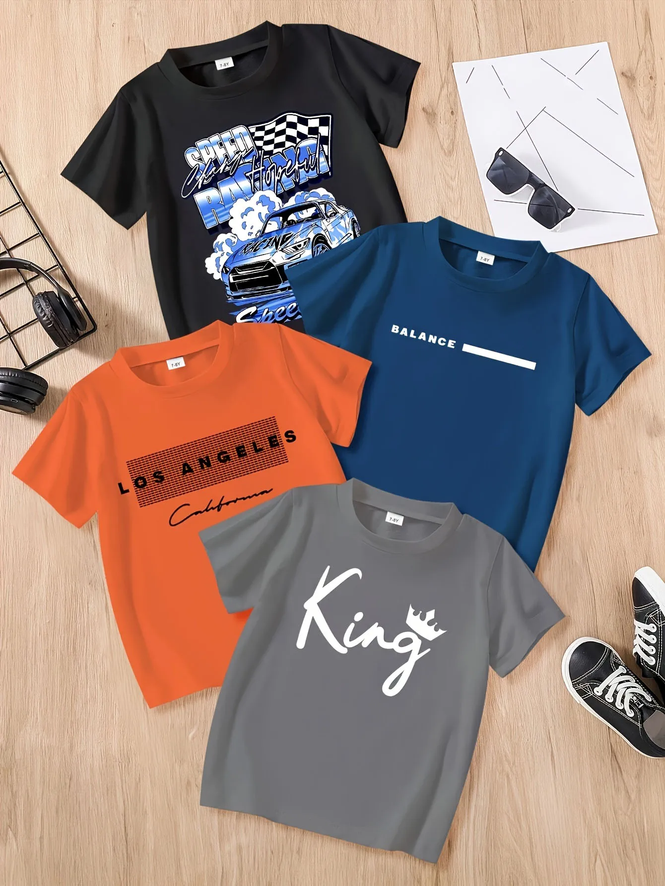 

4pcs Summer Men's Big Kids Loose Short Sleeve T-shirt Fashion Print Comfortable Versatile Children's Casual Outdoor Wear