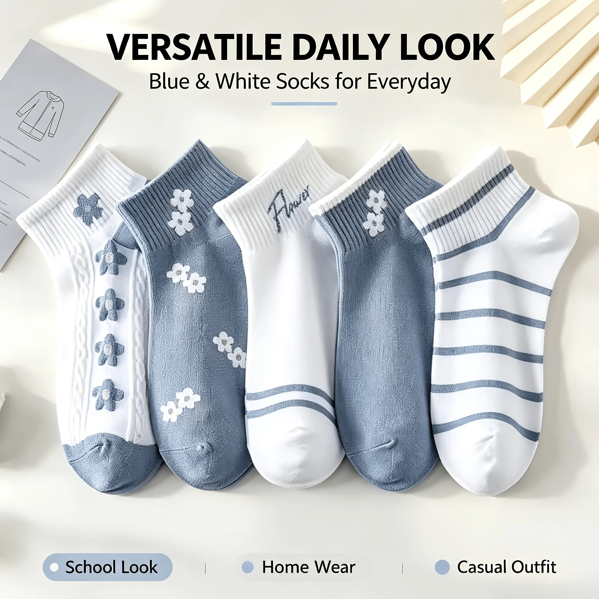 10/5 Pairs of Socks with Random Designs, Women's Short Socks, Cute Floral and Striped Patterns, Comfortable and Breathable Casual Street Style Design, Suitable for All Seasons
