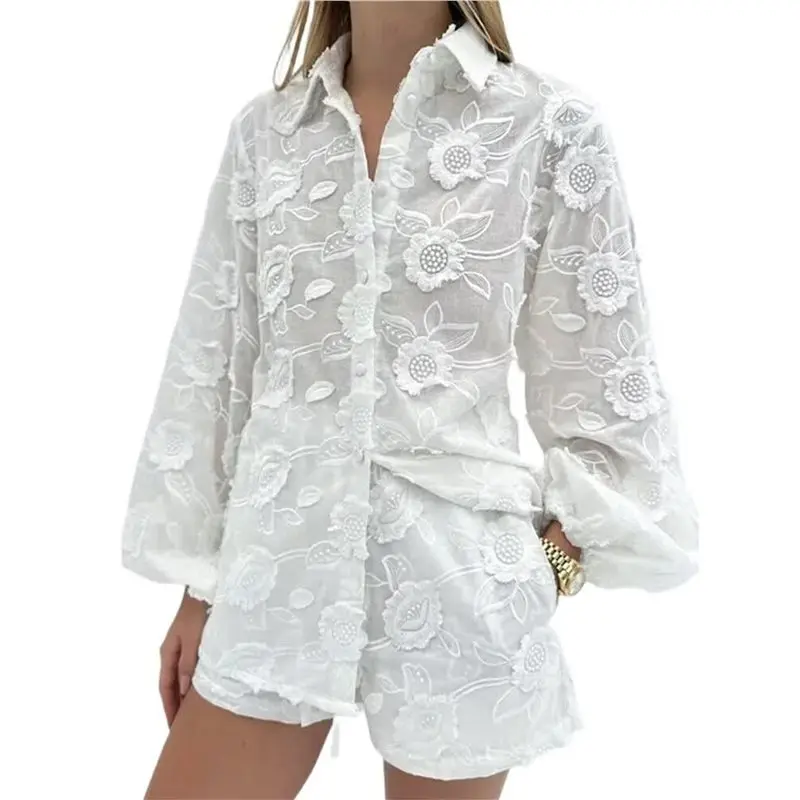

CYL-Womens Floral Embroidered Long Sleeve Shirt And Shorts 2 Piece Outfit Set