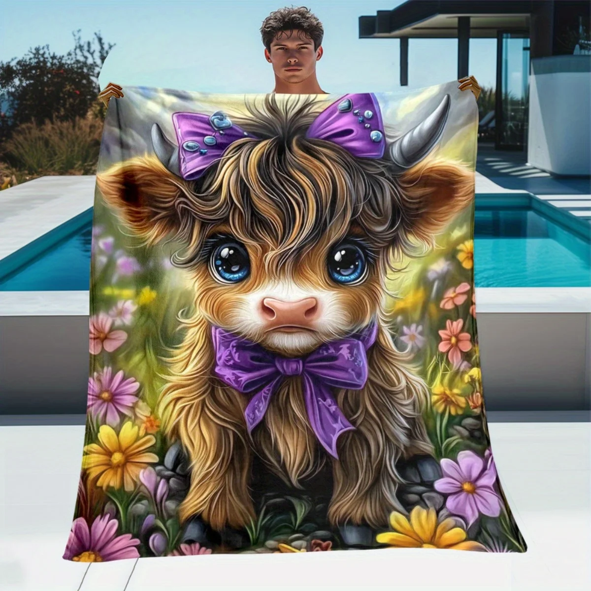 Highland Cow With Purple Bow Flannel Blanket Digital Print Soft Warm Throw For Sofa Camping Office Bed Home Decor