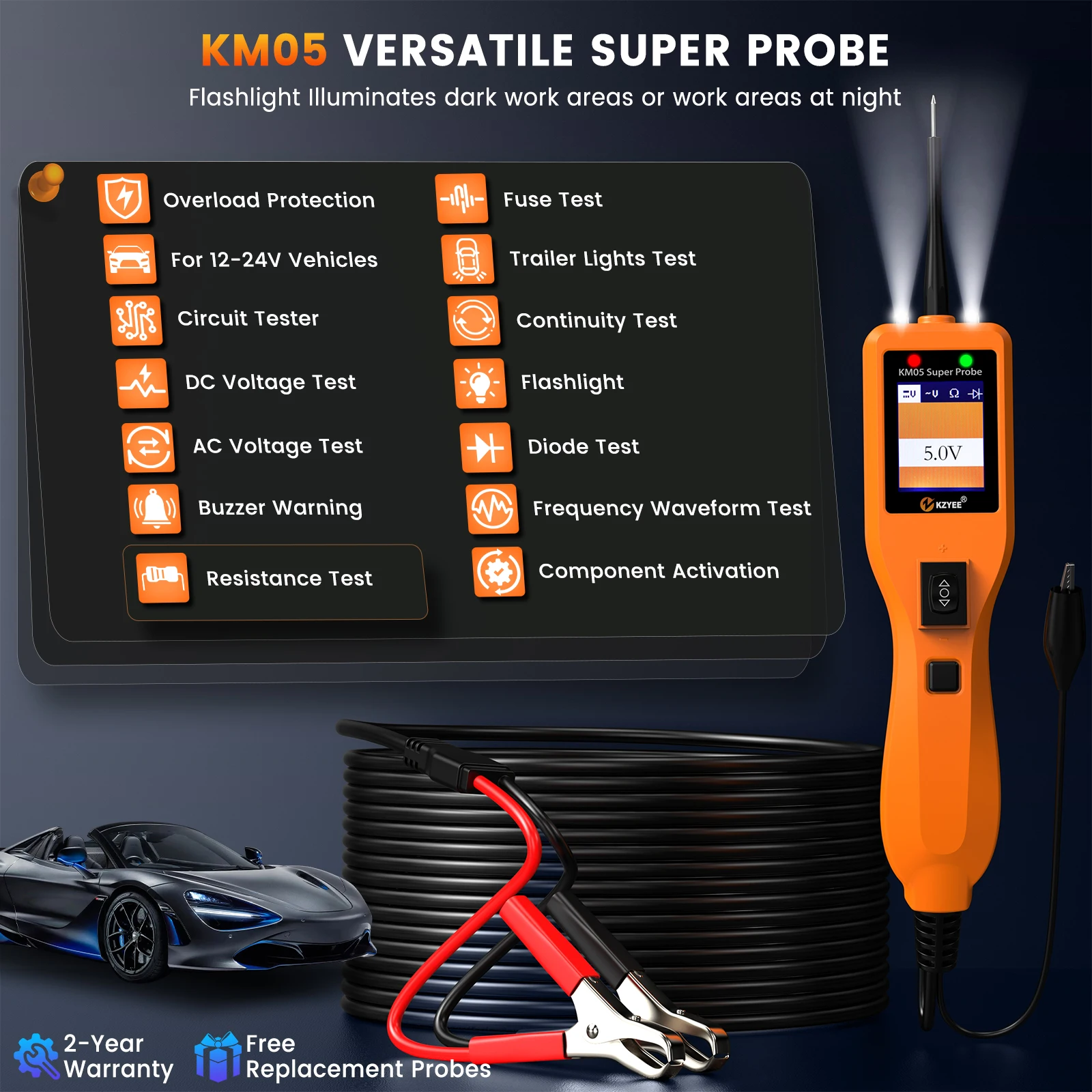 KZYEE KM05 Super Power Circuit Probe Tester 12V 24V Automotive Circuit System Diagnostic Tool AC/DC Voltage Tester Short Finder