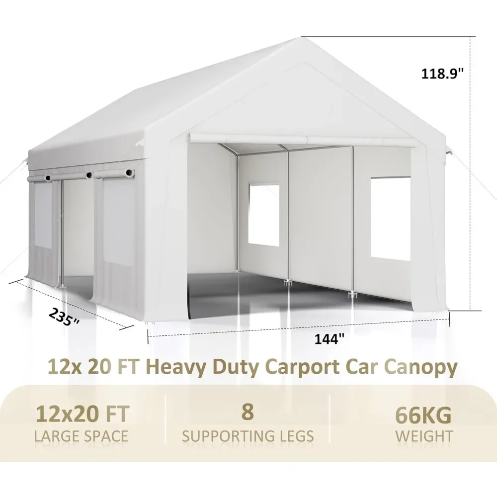 Carport 12' x 20' Heavy Duty Portable Garage, Carport Canopy with Side-Opening Door & Roll-Up Windows, White