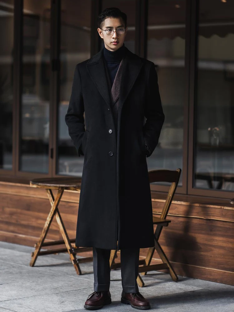 Mauroicardi Autumn Winter Long Warm Black Trench Coat Men Single Breasted Luxury Wool Blends Overcoat 2022 High Quality Clothing