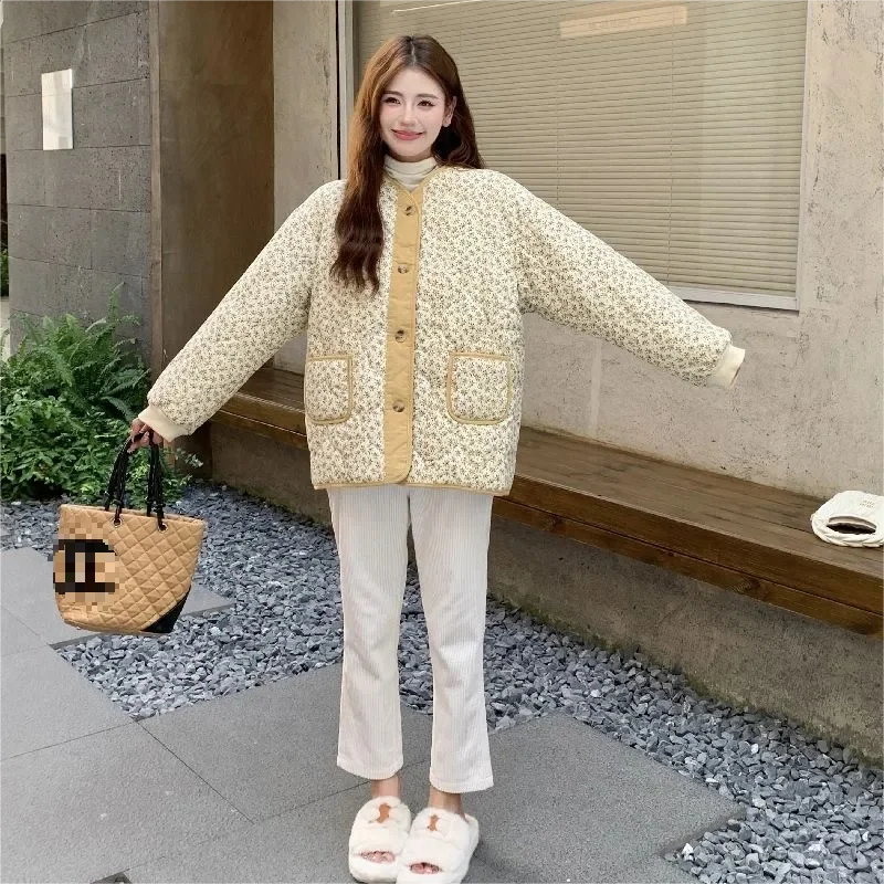 Vintage Yellow Flower Quilted Jacket Women Thick Warm Loose Winter Cotton Padded Coats Korean Single Breasted Parka Outwear