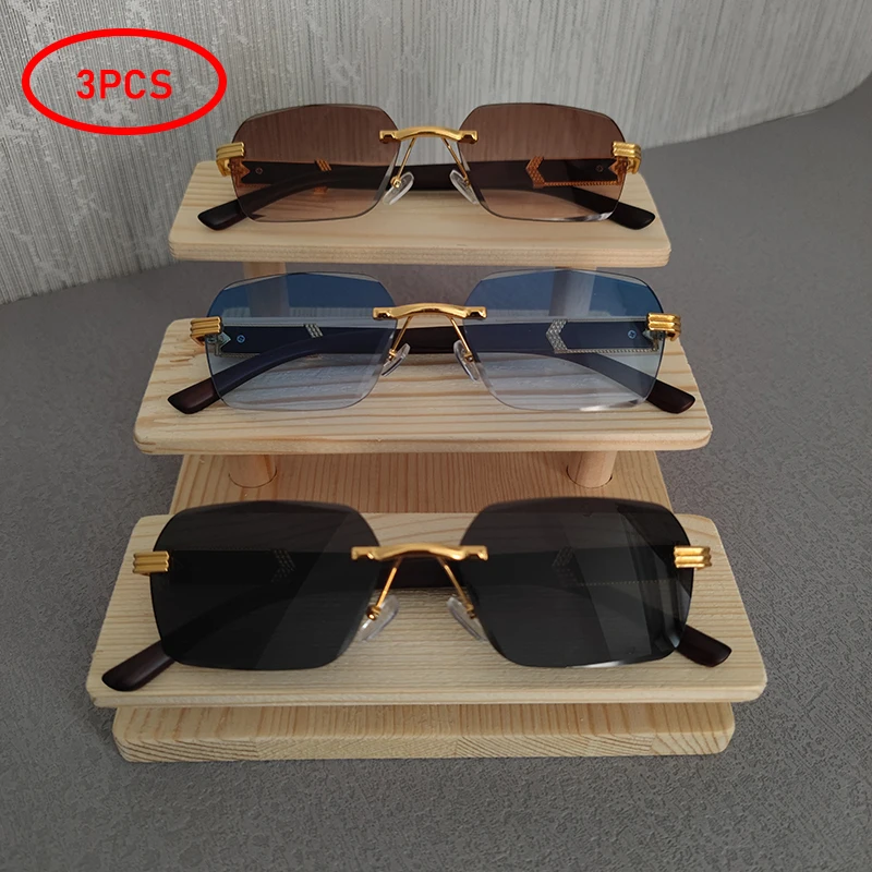 

3Pcs Women Sunglasses Designer Fashion Rimless Rectangle Eyewear Trendy Men's Wooden Square Outdoor Sun Glasses Accessory