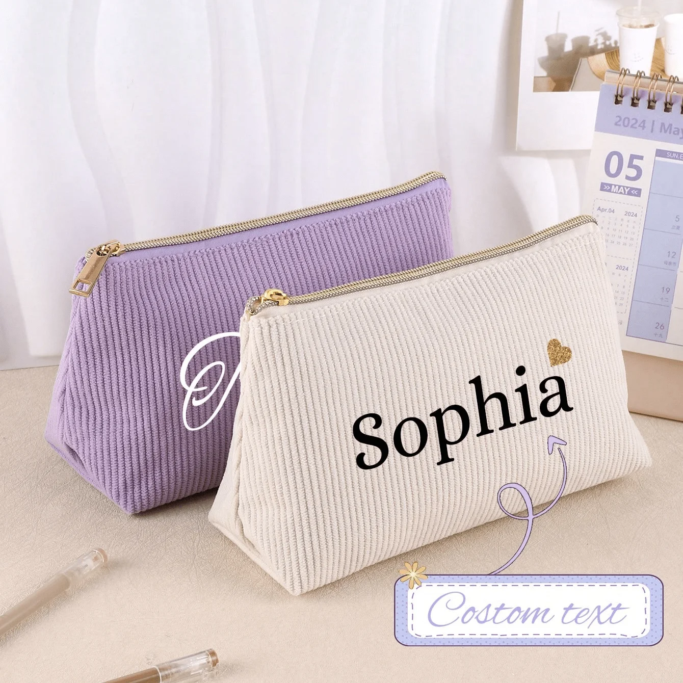 Stylish Corduroy Custom Edition Makeup Bag Personalized Name Organizer for Events Back-to-School Gifts