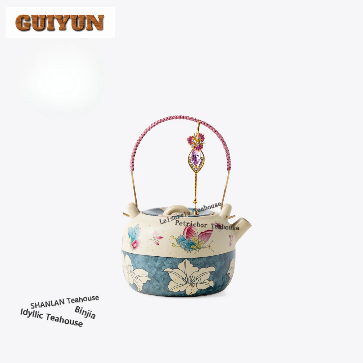 220ml Decal Butterfly Love Flower Lifting Handle Teapot Creative Tea Infuser Pot Tea Making Kettle With Strainer Tea Services