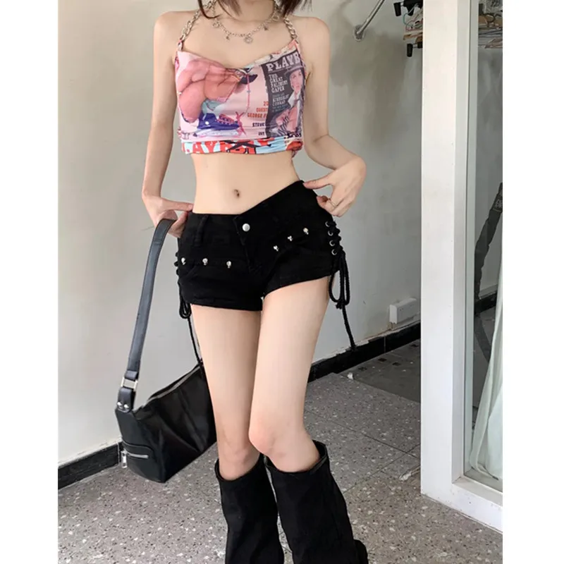 Black Gothic Punk Denim Shorts for Women Creativity Lace-Up Popular Y2K Cowboy Short Pants Lady Sexy Skinny Elastic Jean Shorts