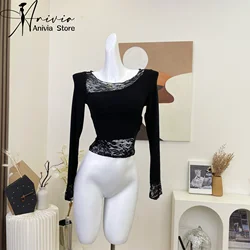 Y2k Clothes Tops Sexy Lace Long Sleeve Top Knitted Black T Shirt For Women Korean Style V Neck Shirts & Blouses Ruched Wrap Top