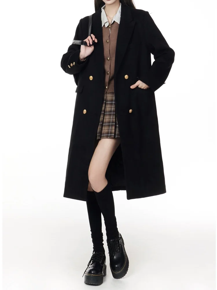 

Thiened Woolen Coat Women's College Sle Winter Faion Simple Bla Outerwear Coat Warmth And Sle in One Paage
