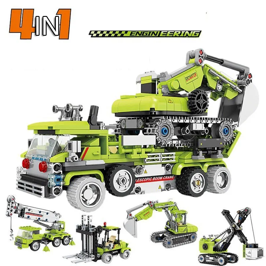 4 in 1 Engineering Lift Trucks Excavator Crane City Construction Vehicle Car Model Building Blocks Bricks Children's Toys Gift