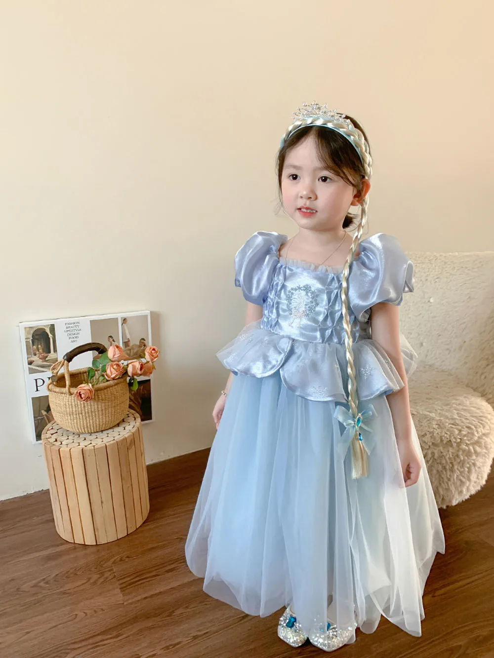 1-6T Girl's Light Blue Princess Dress Sweet Square Collar Bubble Sleeve Patchwork Tiered Ruffles A-line Puff Performance Dress