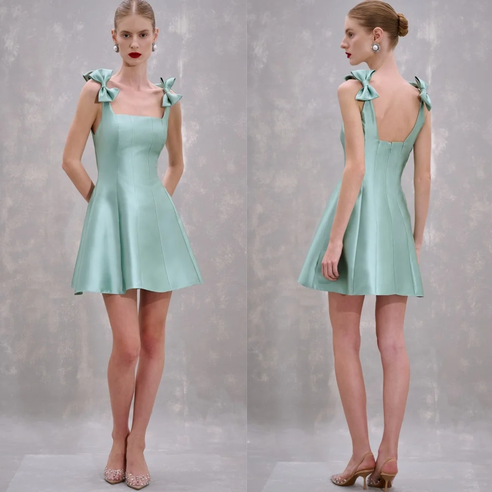

Customized Fashion Charmeuse Bow Pleat A-line Square Neck Mini Dresses Bespoke Occasion Elegant Intricate