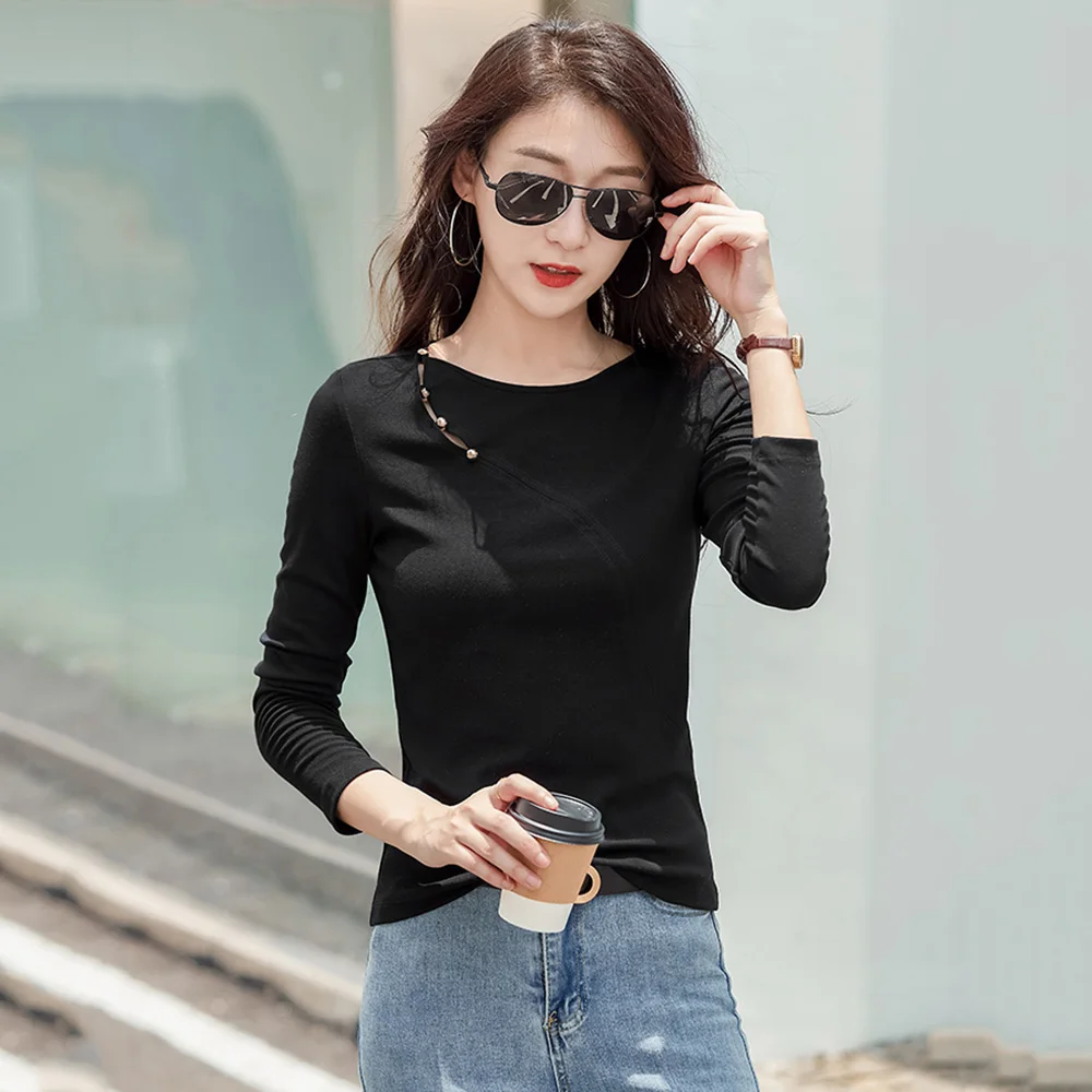 

New Women Chic T-shirt Spring Autumn Fashion Hollow Out Button O-Neck Long Sleeve Slim Tees Tops Sweet Patchwork Basics T-shirt