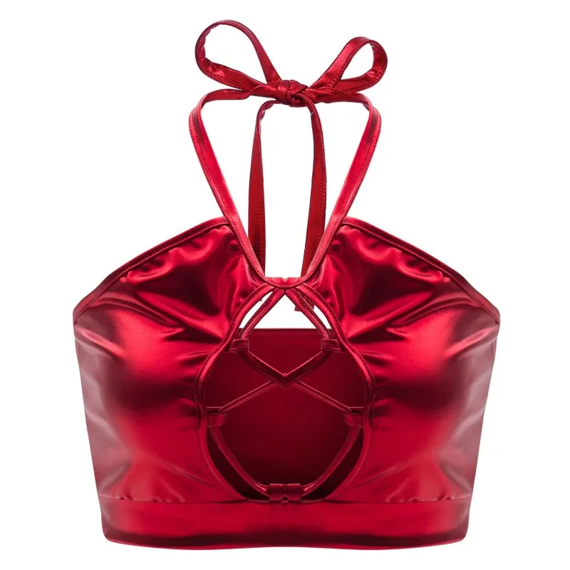 Top corto de Color caramelo para club nocturno, camisola Sexy de PU con cuello Halter, vendaje ahuecado, brillante, Pole Dance, exótico, juego de baile sexual