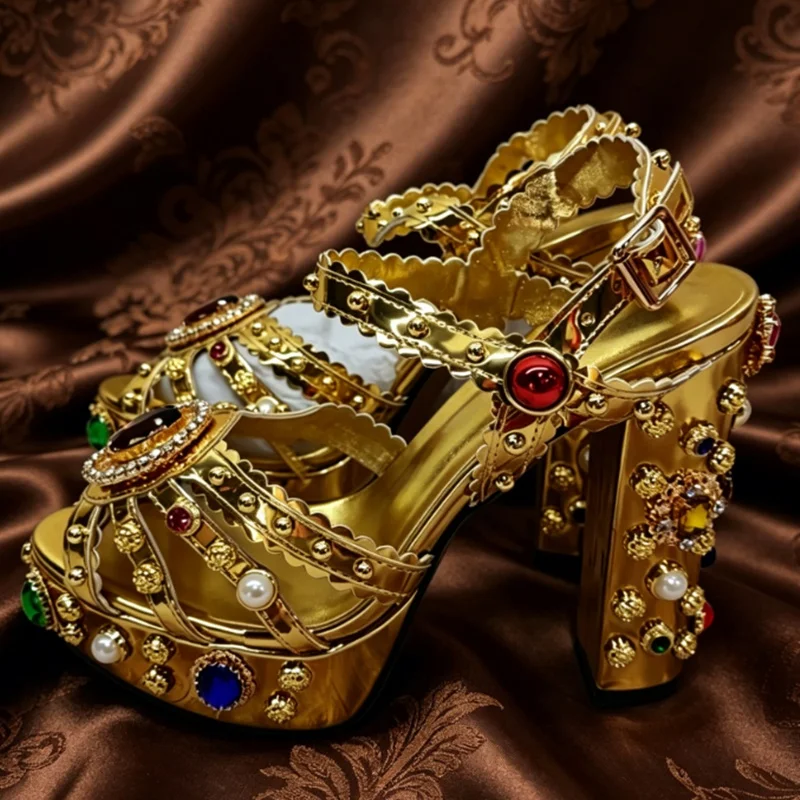 Metallic Gold Platform Block Heel Sandals Multicolor Rhinestone Pearl Embellished Ankle Strap Open Toe High Heels Shoes