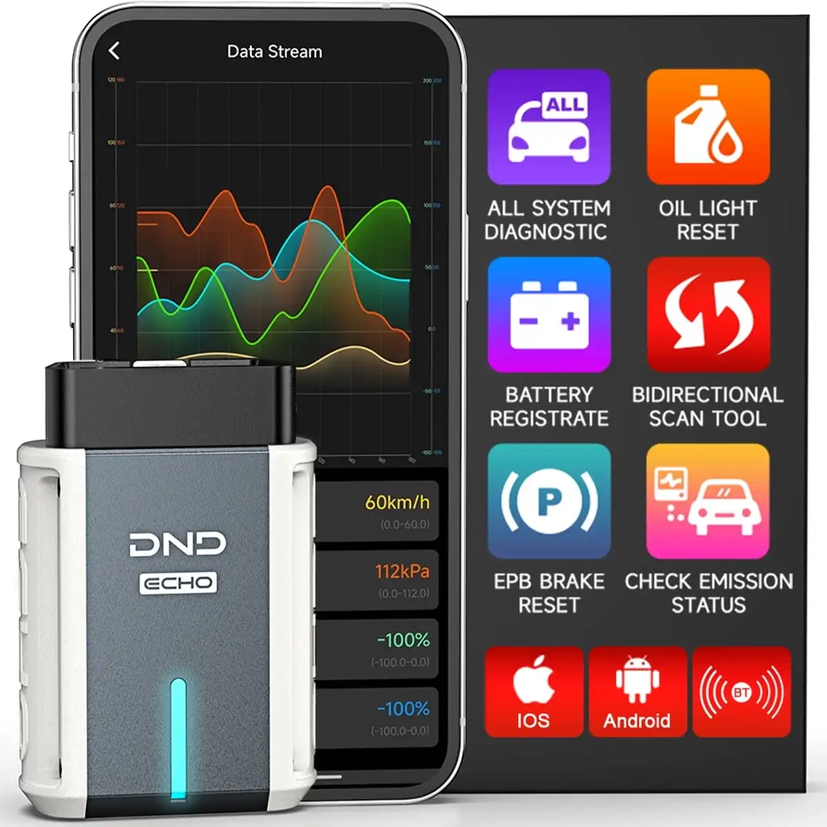 الماسح الضوئي DND ECHO Bluetooth Obd2 - أداة تشخيص السيارة اللاسلكية لجميع الأنظمة لنظام iOS وAndroid، أداة مسح السيارات مع 3 إعادة إعدادات،