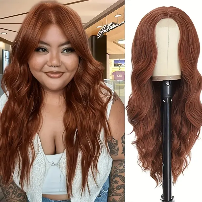 26 Inch Long Auburn Wigs For Women, Lace Synthetic Heat Resistant Middle Part Wavy Wig For Daily Party Use