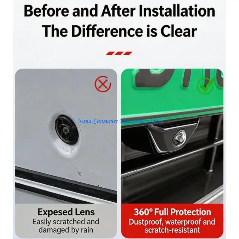 G7NE Adhesive Automotive Camera Lens Protectors Set with 2 Clear Round Covers &2 Curved Rain Hood for Vehicle Cameras and Direct