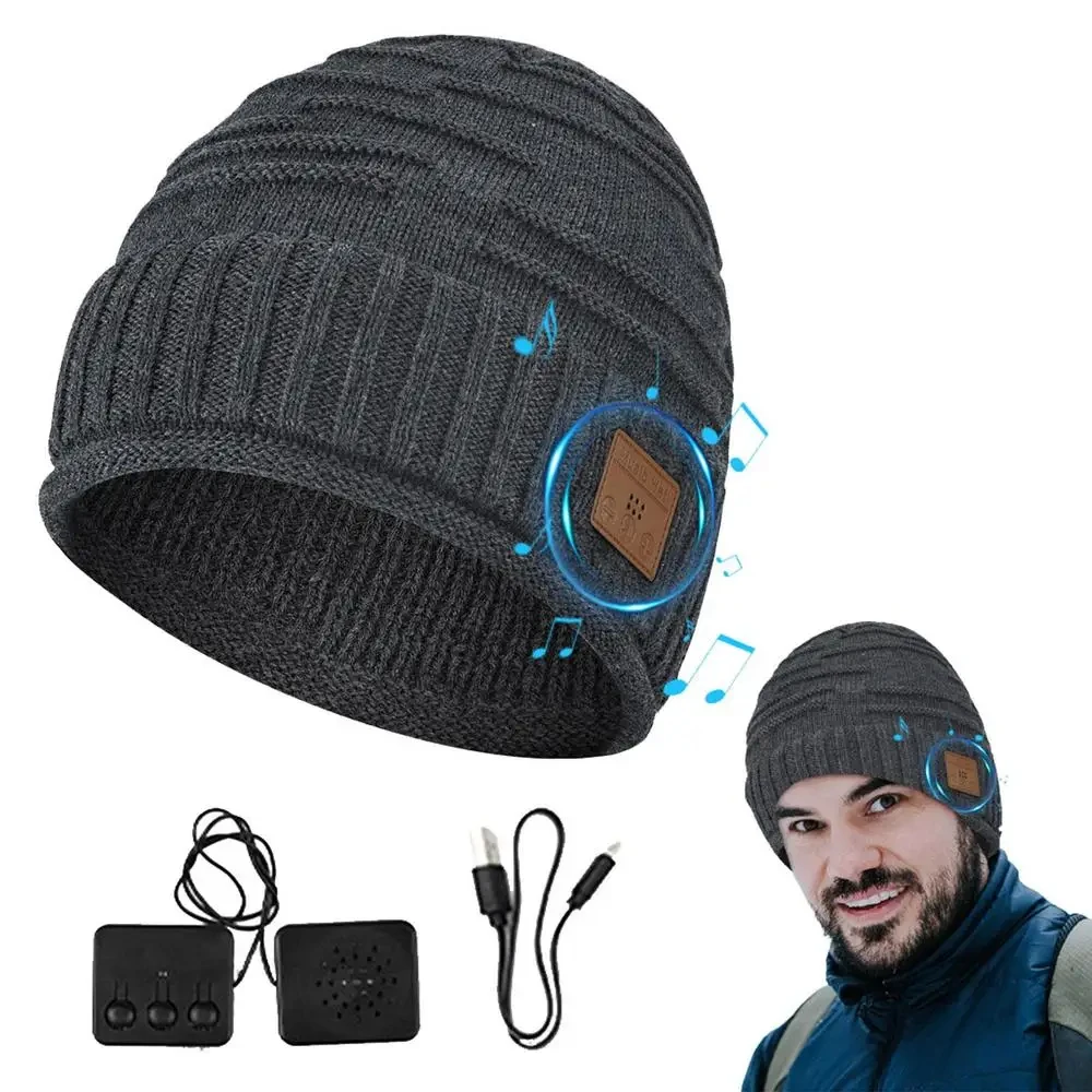 Winter Bluetooth 5.0 Compatible Earphone USB Rechargeable Music Headset Warm Knitting Beanie Hat Caps Wireless Sports Headphone