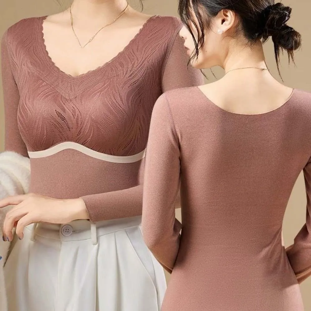 

Женская термоодежда большого размера, бархатное флисовое термобелье с круглым вырезом, невидимые теплые длинные топы для женщин