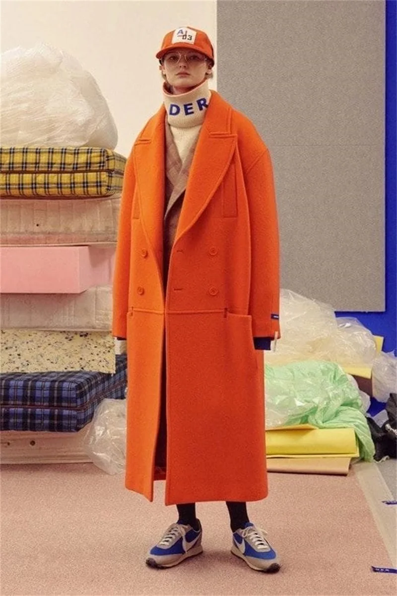 Dikke Oranje Wollen Vrouwen Pak Blazer Lange Overjas Winter Formele Mode Jas Outfit Prom Jurk Trenchcoat Custom Made