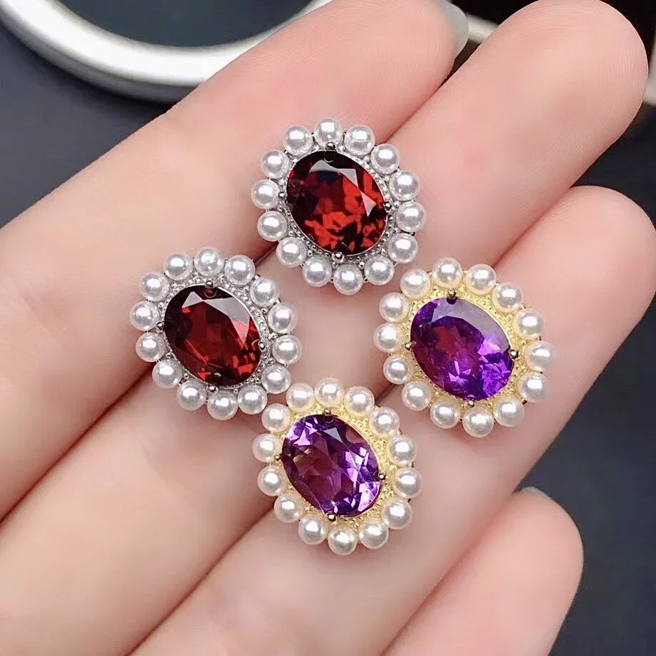 

Classic 925 Silver Crystal Stud Earrings for Daily Wear Natural Amethyst Garnet Earring Real Garnet Amethyst Silver Stud Earring