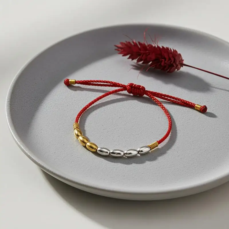 Lucky Red Rope Gold Rice Bead Bracelet Adjustable Handmade Charm Jewelry for Women Daily Wear Gift