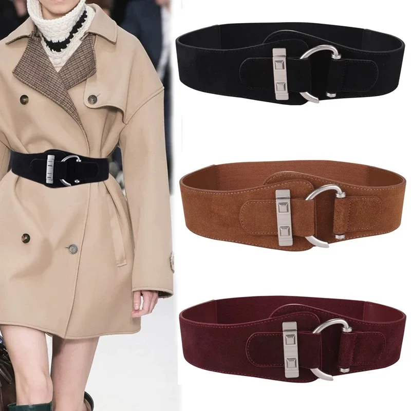 

New Genuine Leather Wide Belts Classic Sliver Buckle Elastic Waistband Vintage Solid Color Dress Coat Girdle Suede Cowhide Belt