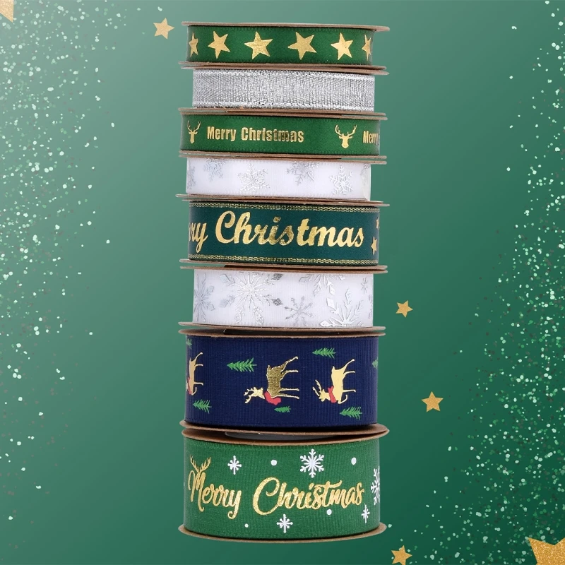 8 Patterns Ribbon Christmas Ribbon Printed Grosgrain Ribbon for Gift Wrapping Wedding Decoration Hair Bows DIY