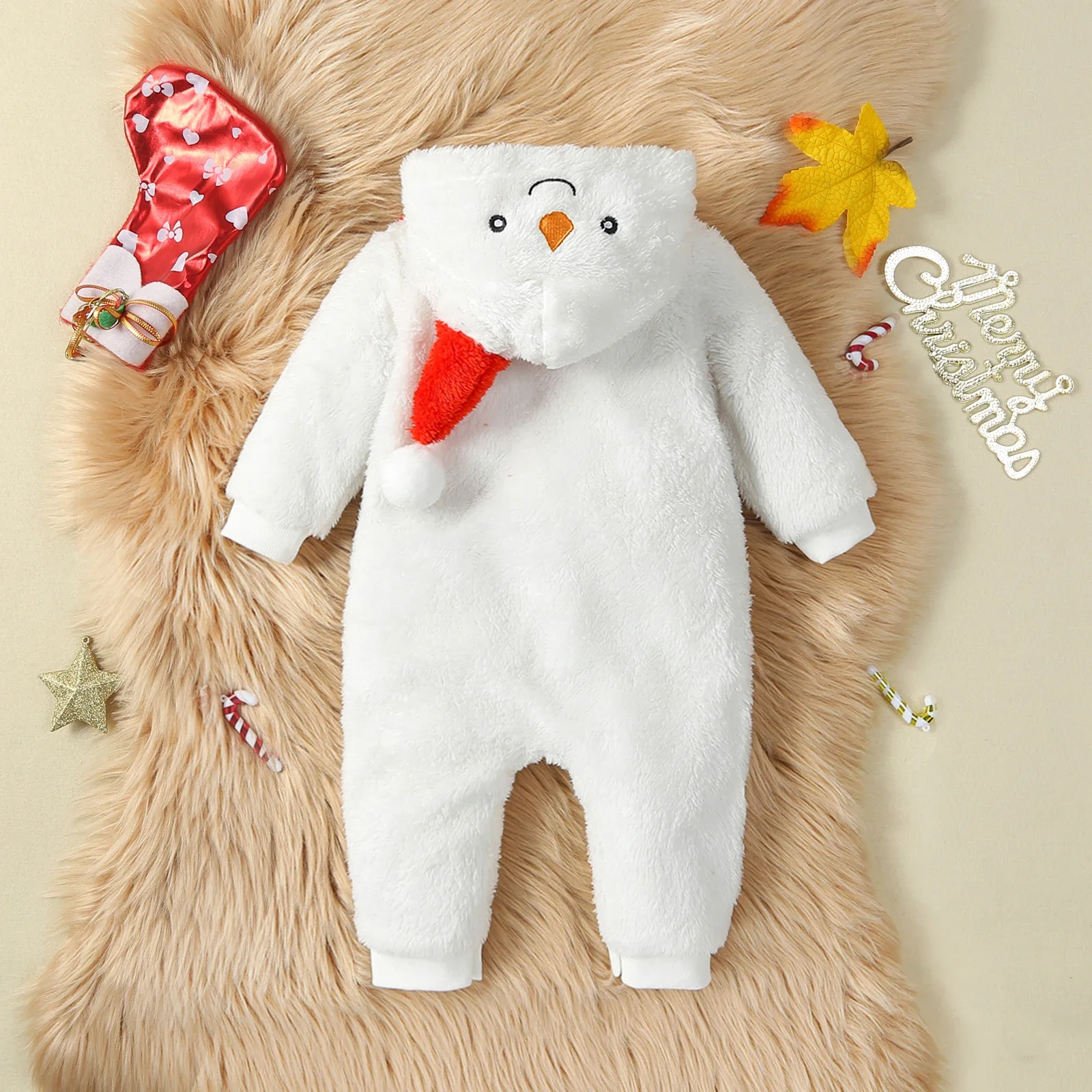 Winter Baby Warm Plush Jumpsuit Long Sleeve Hooded Zipper Closure Winter Christmas Romper Snowman Costume for Boys Girls