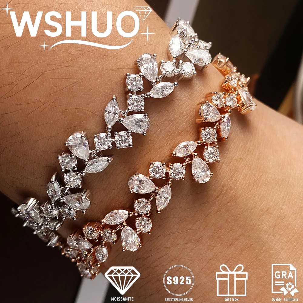 

Pear/Round/Marquise Cut All Moissanite Bracelet 100% S925 Silver Women's Luxury Leaf Shaped Diamond Bracelet Wedding Jewelry