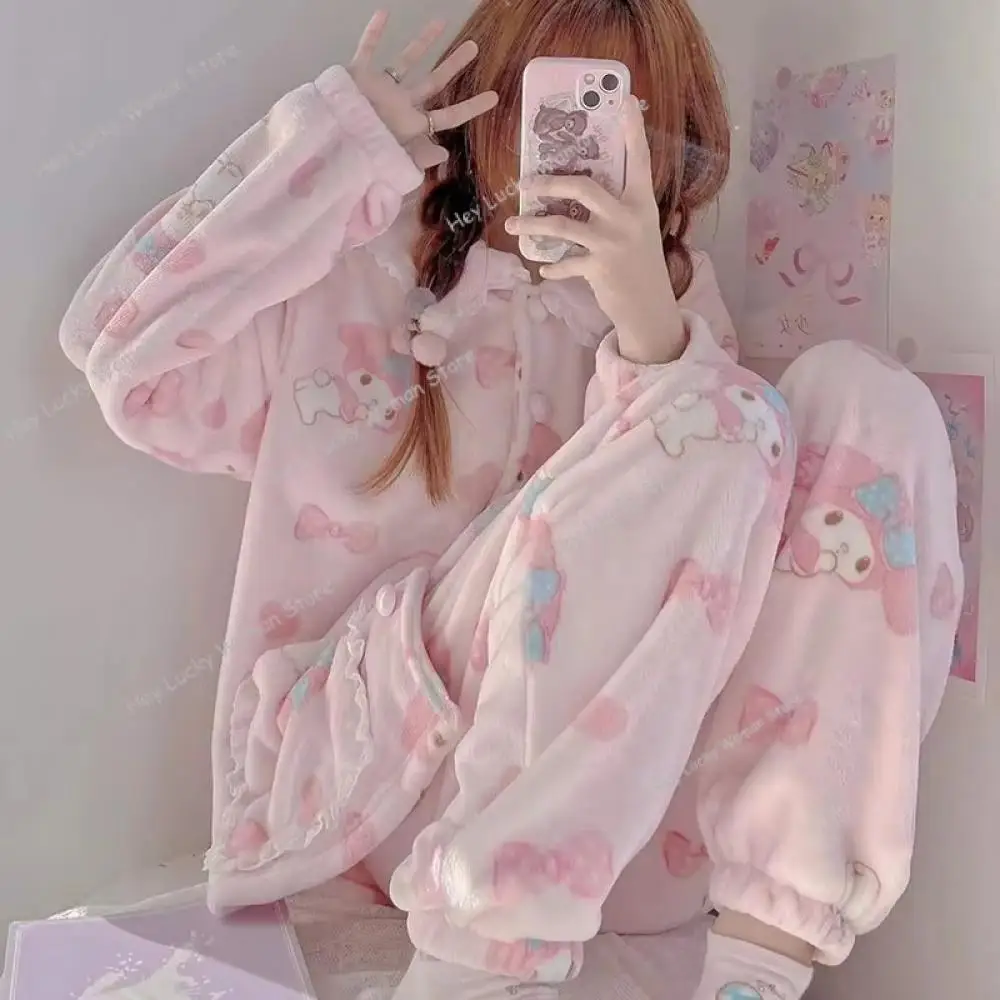 

Sanrio My Melody Series Coral Fleece Pajama Set Autumn Winter Students Dormitory Warm Girls Causal Cute Thick Pajamas Home Wear