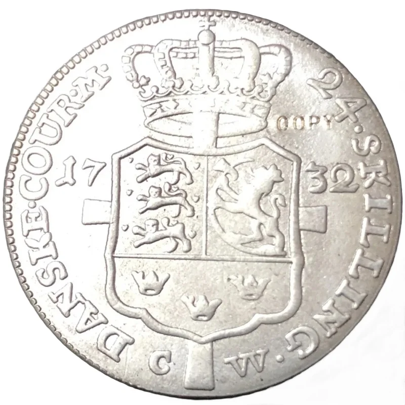 1732 Denmark 24 Skilling Dansk  Silver Copy Coin