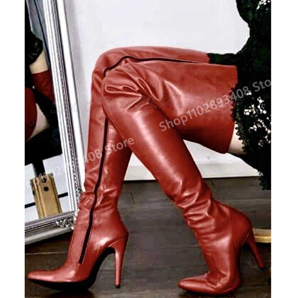 Solid Side Zipper Point Over the Knee Boots Stiletto High Heel PU Leather Christmas Women Shoes Hot Girls 2025 Sexy Para Mujere