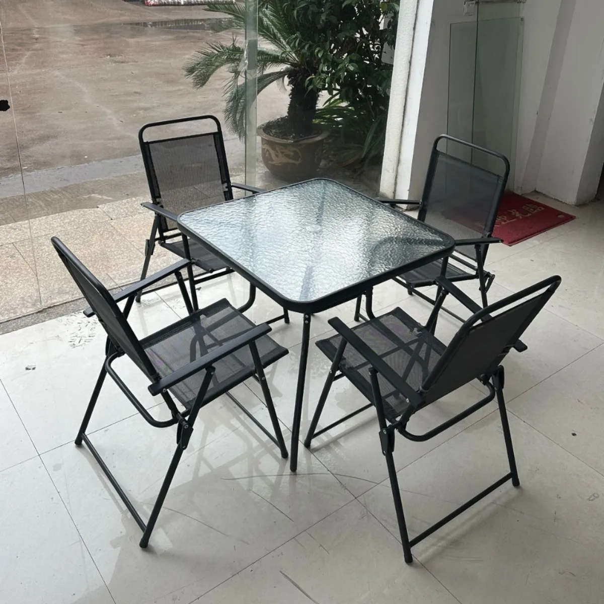 & Simple Leisure Folding Metal Chair Set, Modern Square Outdoor Glass Coffee Table 4 Pcs for Garden Terrace Villa