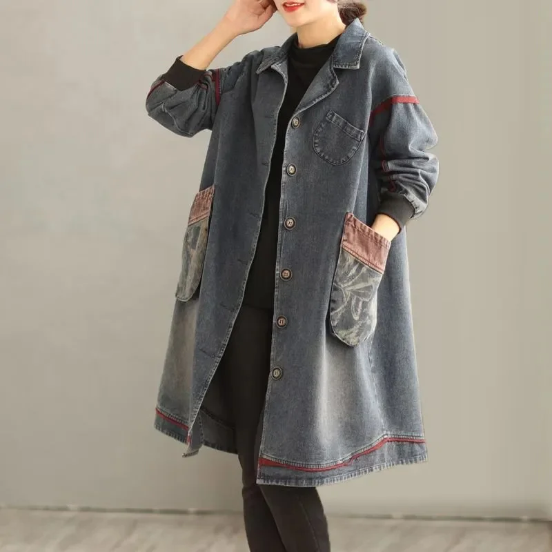 2024 Spring Autumn Women Loose Slim Medium Long Fashion Windbreaker Female Retro Patchwork Large Pocket Washed Denim Jacket