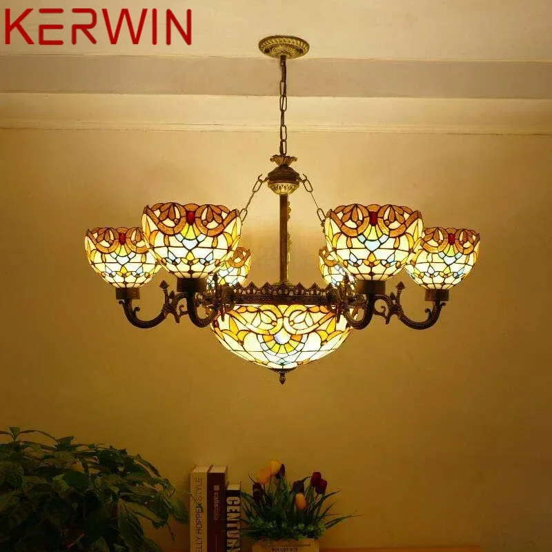 KERWIN Tiffany European Living Room PendantLamp Vintage Creative Color Glass restaurant Bedroom Hotel Chandelier