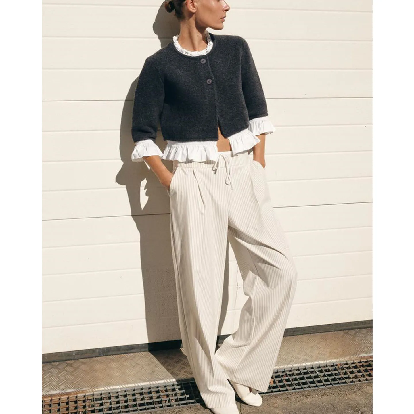 Autumn Women's Briti Sle Knitted Layered Decoration round Ne Seven Sve Silk Patchwork Knitwear Soft Polyester Casual...