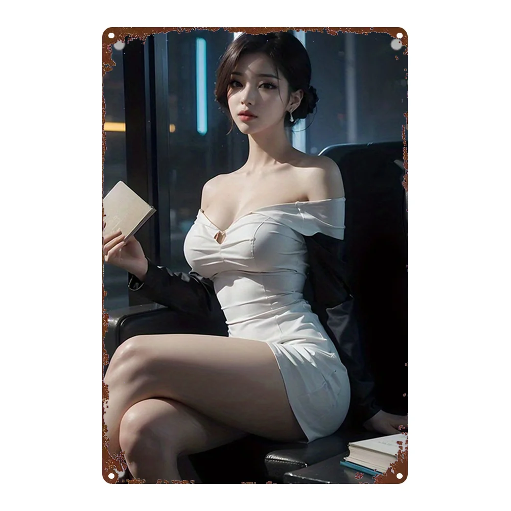 Vintage Elegant Asian Woman with Bun Hairstyle & Pearl Earrings Metal Tin Sign - Retro Sophisticated Girl in Off-Shoulder Whi