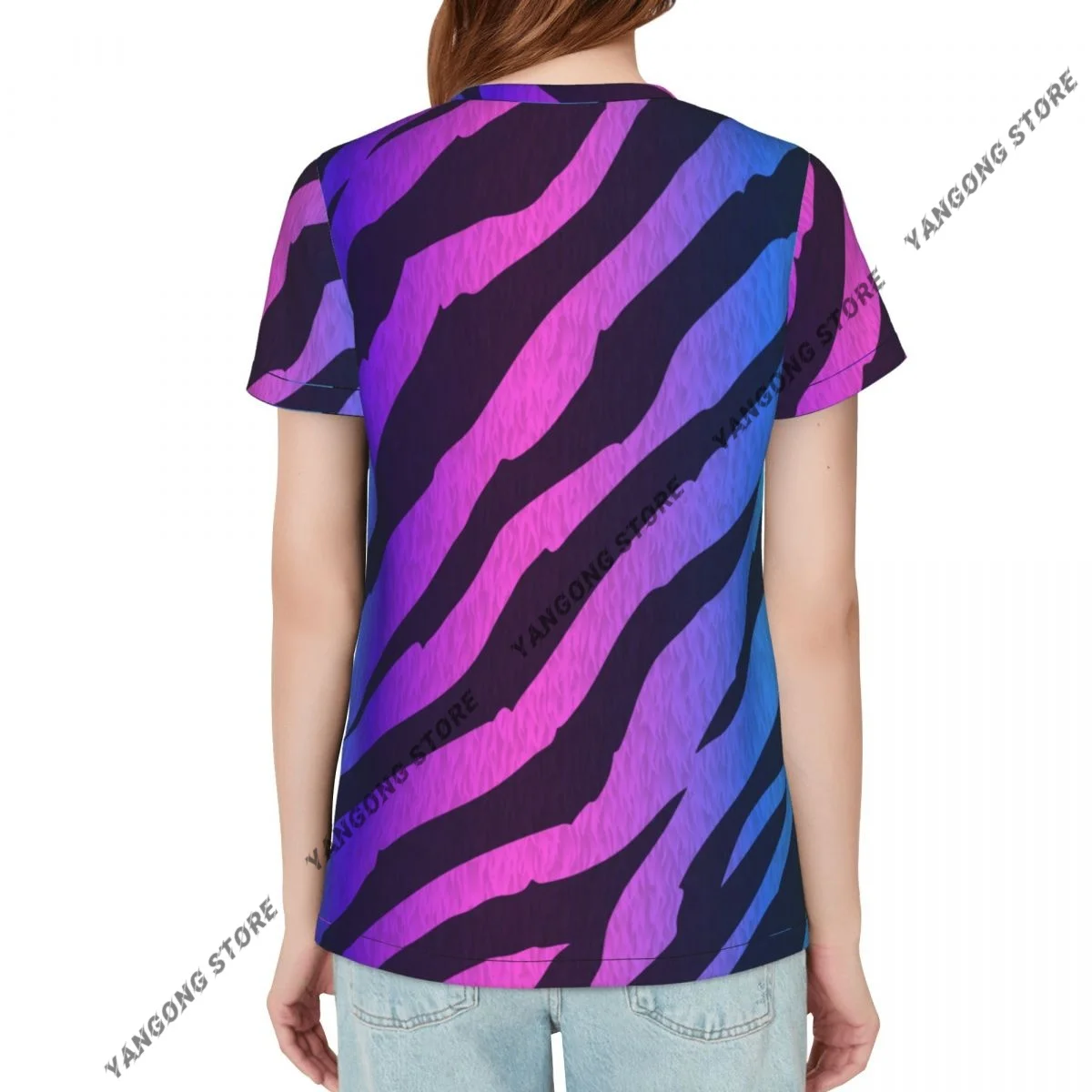 Womens Short Sleeve Neon Tiger Pattern Casual Tee Clothing Crewneck Woman T-Shirts
