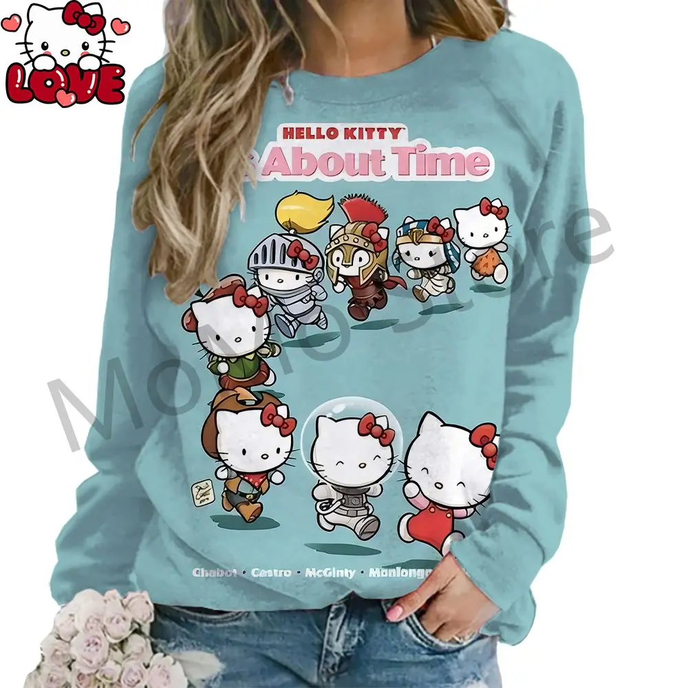 Women\'s Long Sleeve Sweatshirts Hello Kitty O Neck Lovely Pullovers Y2k Streetwear 2024 S-3XL New High Quality Kawaii Clothes