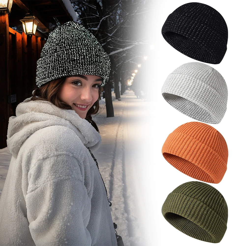 Unisex Winter Reflective Beanies High Visibility Knitted Warm Hat Glow In Dark Safety Knitted Beanies for Night Running Walking