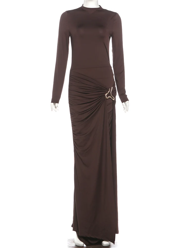 Weird Puss Elegant Ruched Dress Women Autumn Metal Trim o-Neck High Elasticity Trend Vacation Skinny Prom Party Chic Vestidos